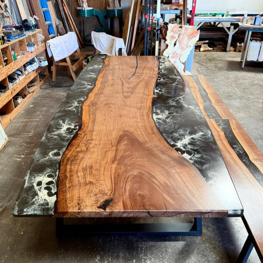 Black River Epoxy Resin Table with benches, Walnut Wood Dining Table